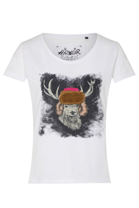 Damen T-Shirt 'Hirsch mit Fellmütze'