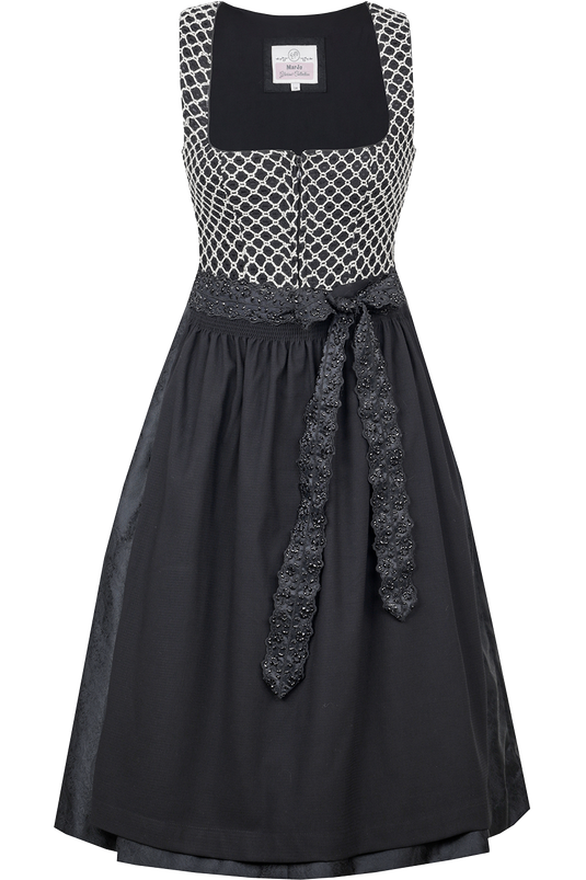 Midi-Dirndl mit eckigem Ausschnitt und Häkelspitze und Strassschürzenband