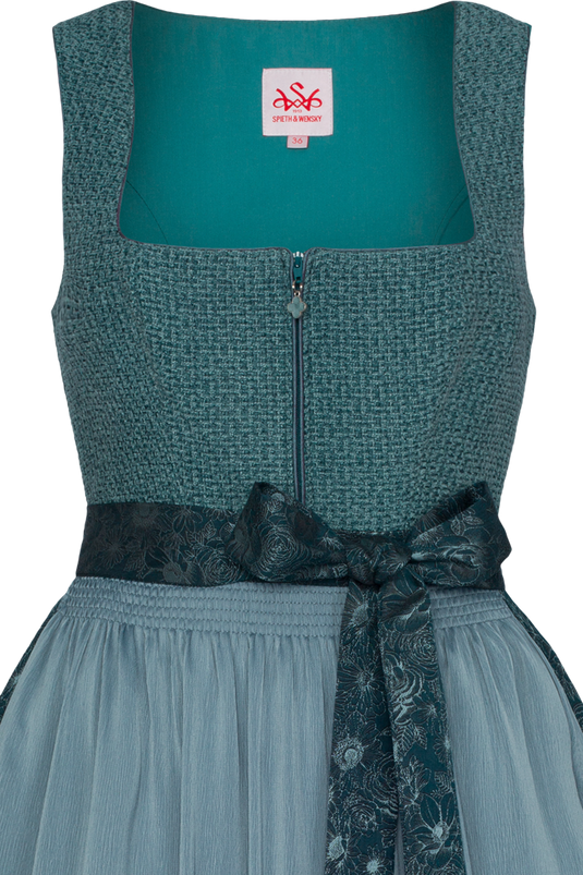 Damen Midi-Dirndl in Boucléoptik Spieth & Wensky KRISTALL/70 in PETROL - Vorderansicht Detail oben