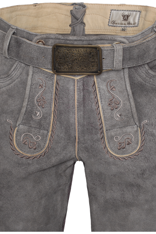 Herren Lederhose kurz bestickt mit Gürtel Gweih & Silk MIGUEL WILDBOCK M. GÜRTEL in TITANGRAU/SILBERGRAU - Vorderansicht Detail oben