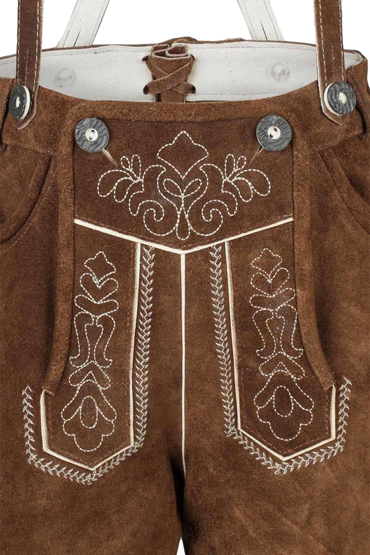 Kinder Lederhose kurz mit Stickerei und Trägern - kamel