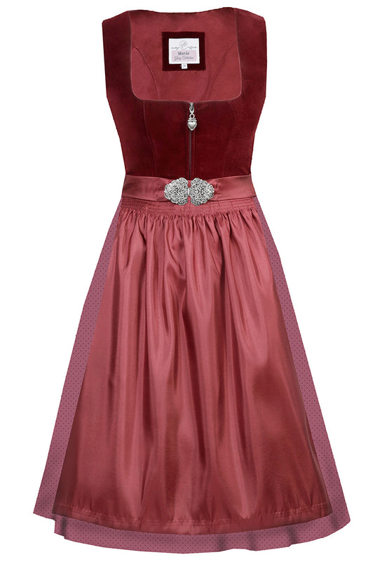 Midi-Dirndl mit Samtoberteil und Broschenschließe - rubinrot