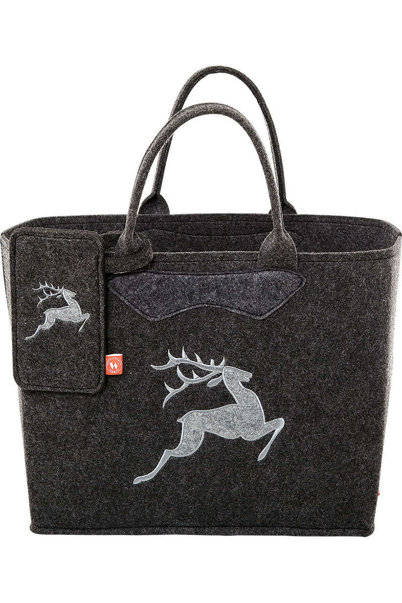 Trachten-Filztasche gro mit Handyetui anthrazit mit springendem Hirsch hellgrau