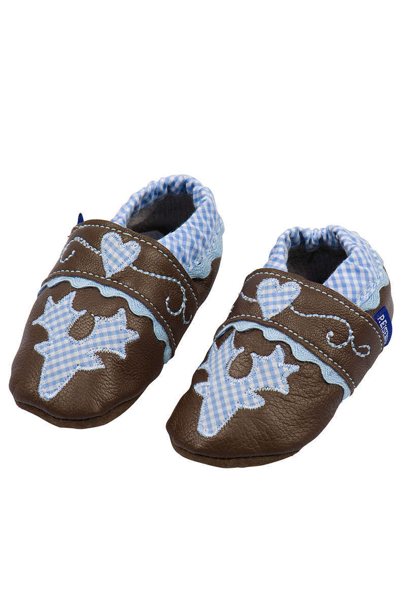 Baby Trachten Leder Schuhe mit Hirschkopf braun hellblau