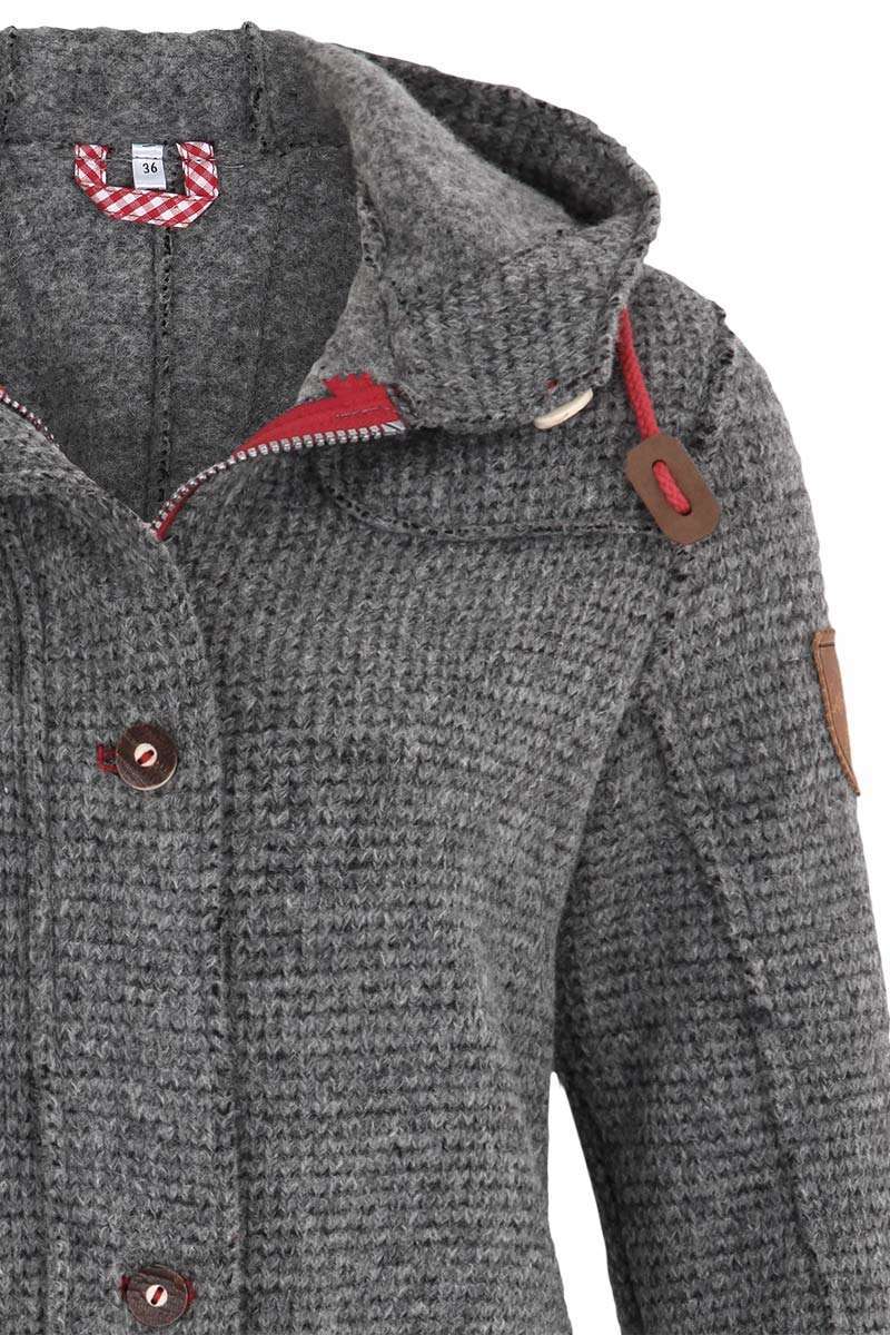 Damen Trachten-Jacke lang mit Kapuze grau rot Bild 2