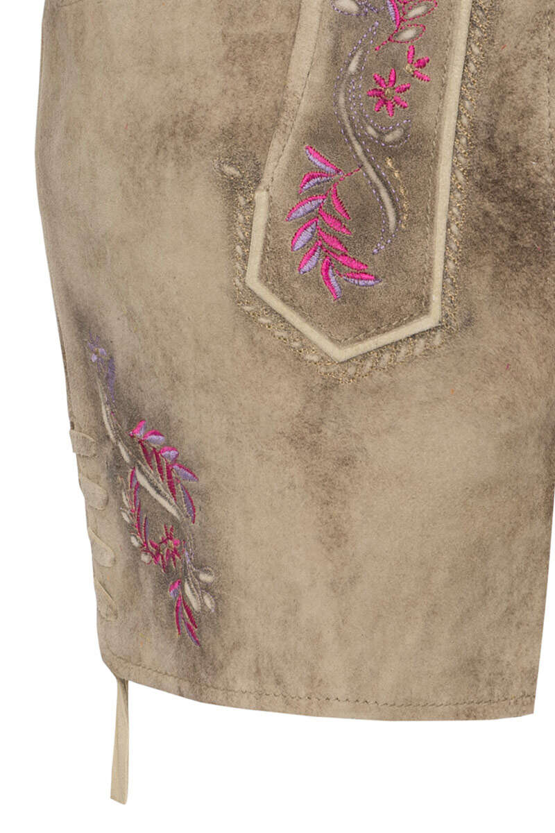 Damen Lederhose Short birkenbraun mit pinker Stickerei Bild 2