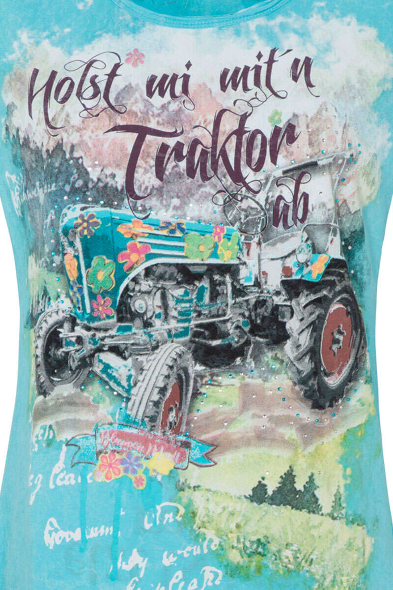 Damen Trachten-T-Shirt mit Traktor himmelblau Bild 2