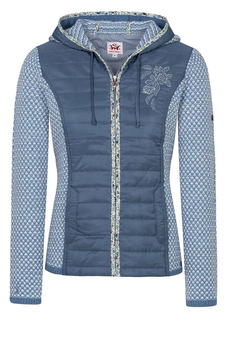 Damen Trachten Strick-Steppjacke mit Kapuze blau