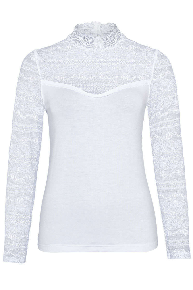 Damen Trachten-Longshirt mit Spitze und Stehkragen weiss