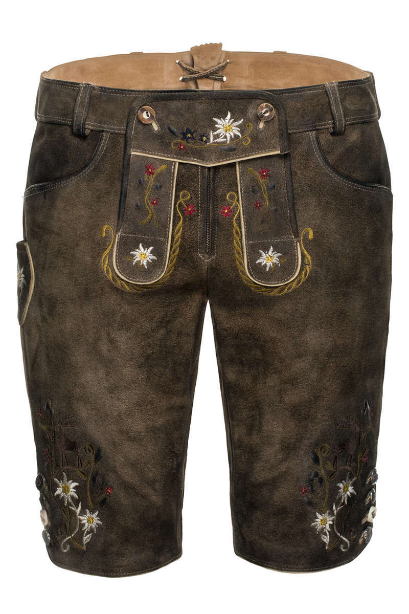 Damen Lederhose mit Alpenblumen Stickerei kurz