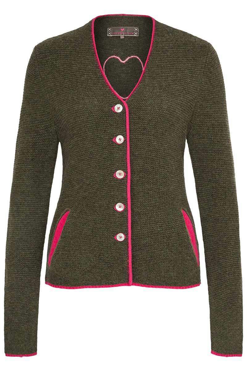 Damen Trachten Strickjacke oliv pink