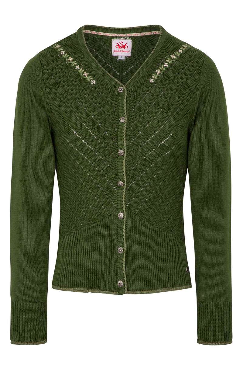 Damen Trachten Strickjacke mit Blumenstickerei Farn