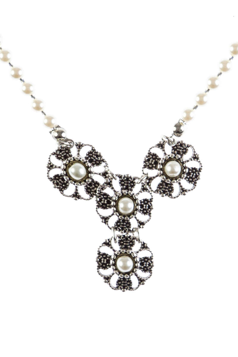 Damen Perlenkette mit Blütenanhänger silber Bild 2