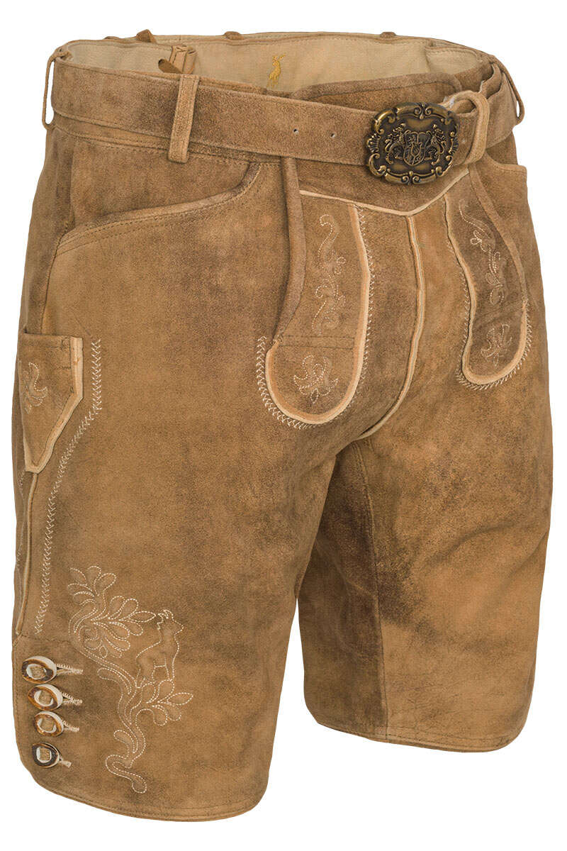 Herren Lederhose Hirschoptik mit Grtel kurz mit Stickerei natur