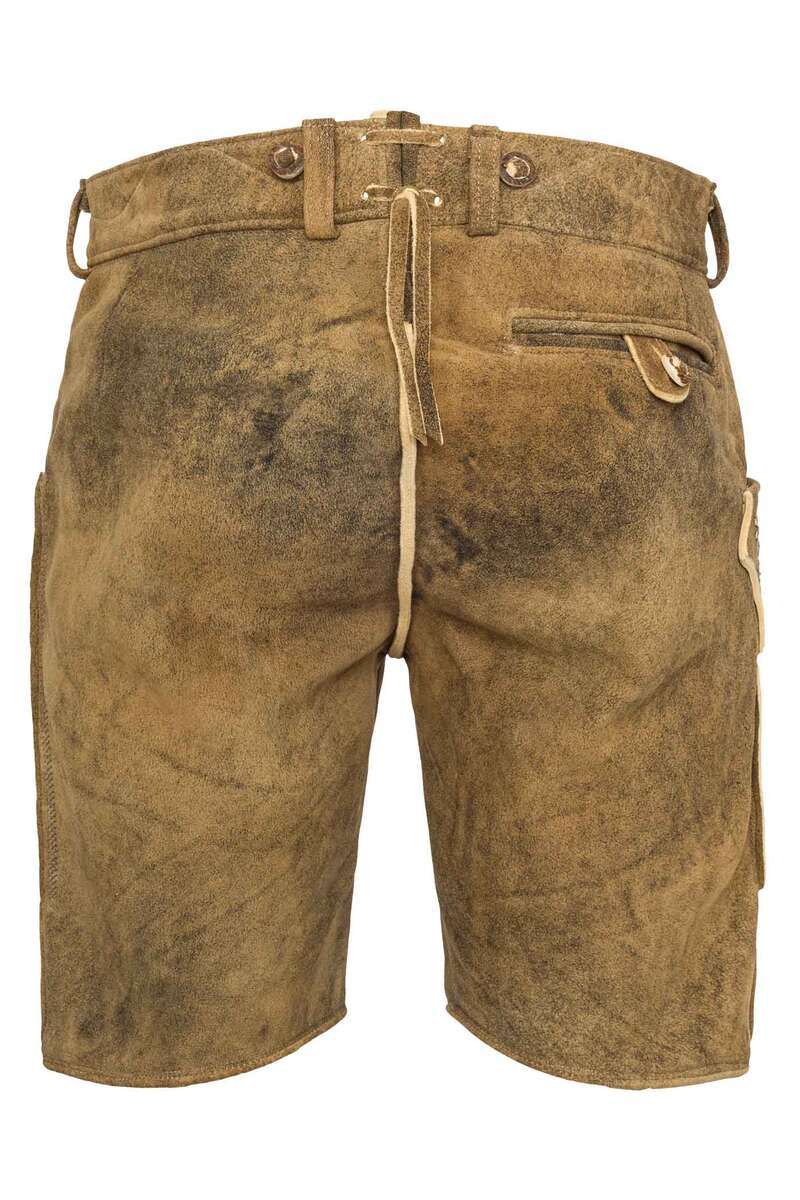 Herren Hirsch-Lederhose kurz Vintage-Optik Antikschwarz mit gelb-grauer Plattstickerei Bild 2