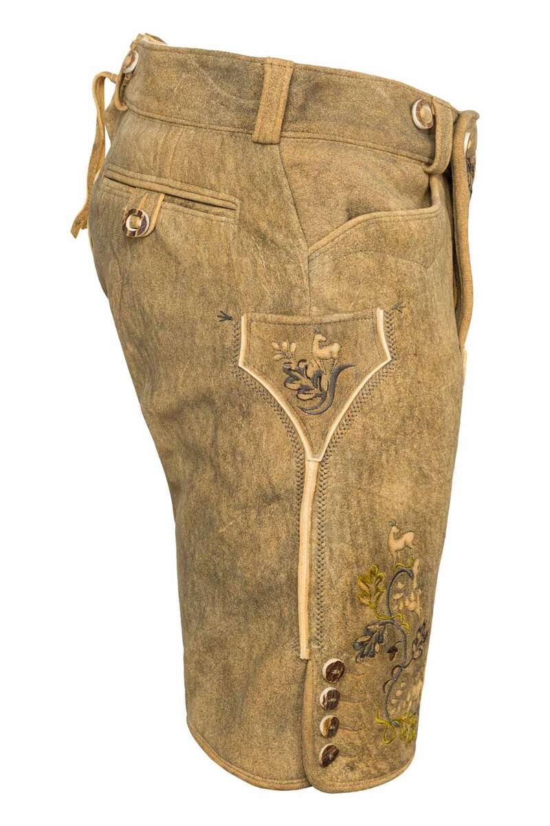 Herren Hirsch-Lederhose kurz Vintage-Optik Glacier mit grau-grner Platt-Stickerei Bild 2