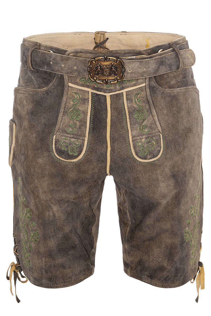 Kurze Herren Lederhose mit Grtel und Trger mittelbraun grn Bild 2