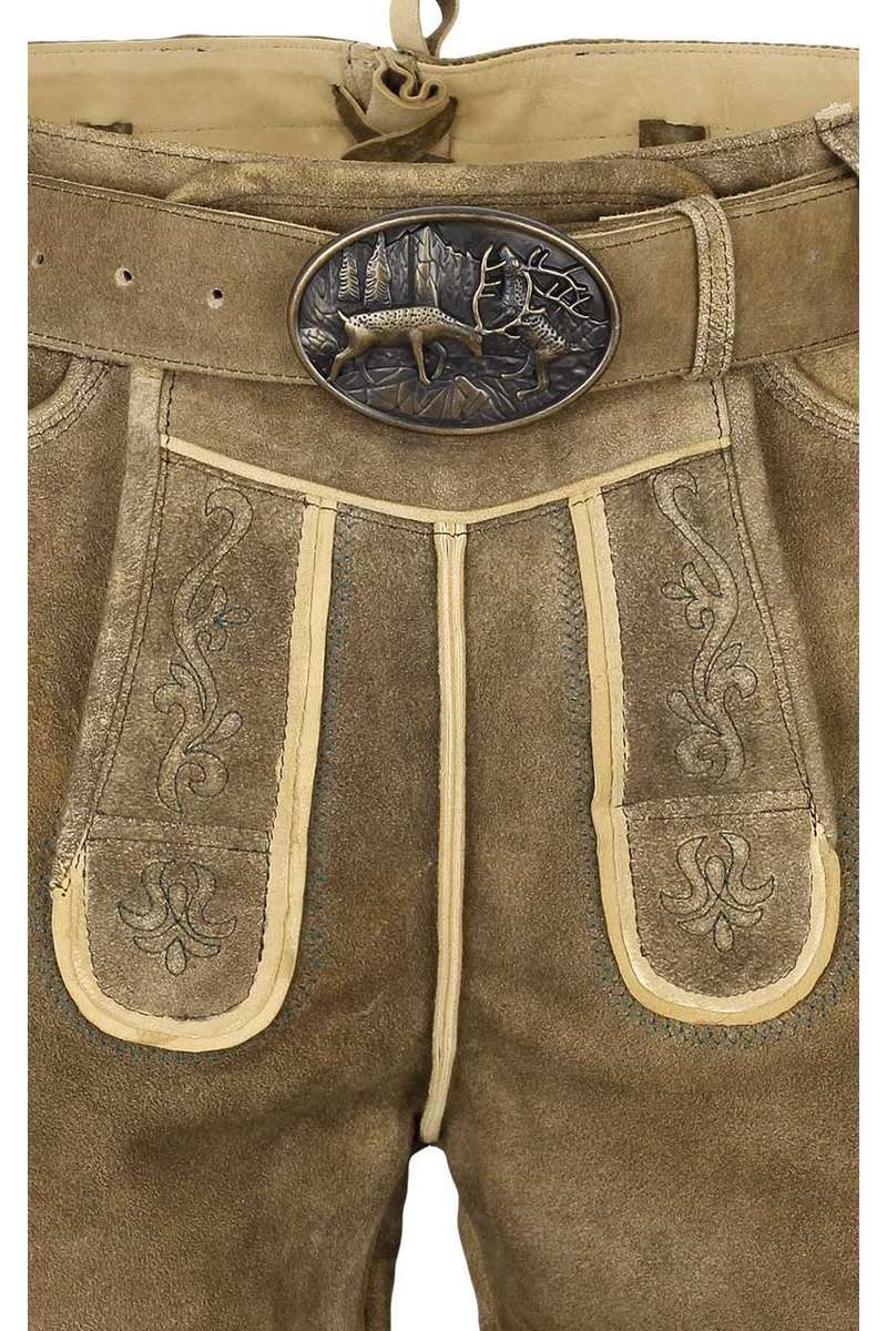 Herren Lederhose Hirschoptik mit Grtel kurz mit Stickerei oliv Bild 2