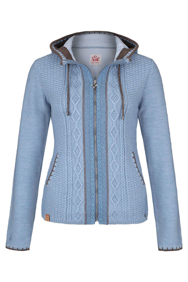 Trachtenstrickjacke Zopfmuster mit Kapuze blau