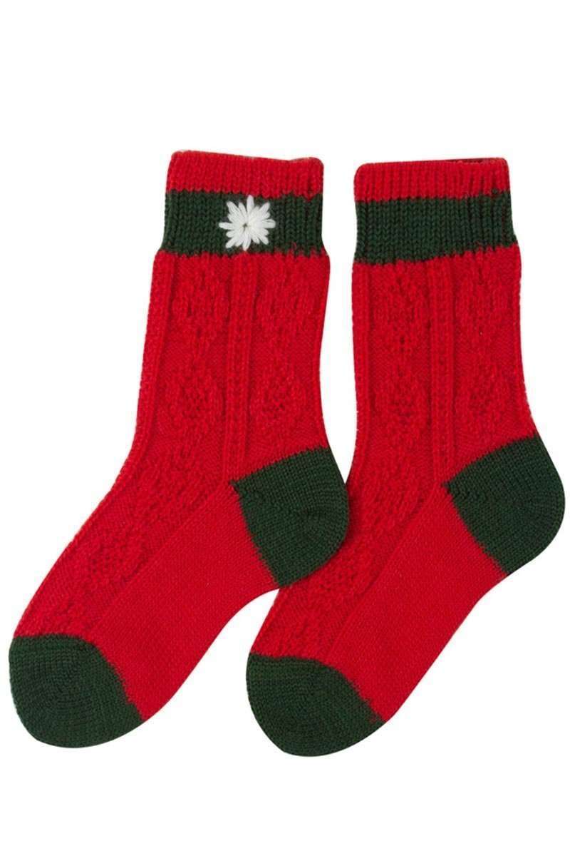 Kinder Trachten-Socke zweifarbig mit besticktem Edelwei rot-tanne Bild 2