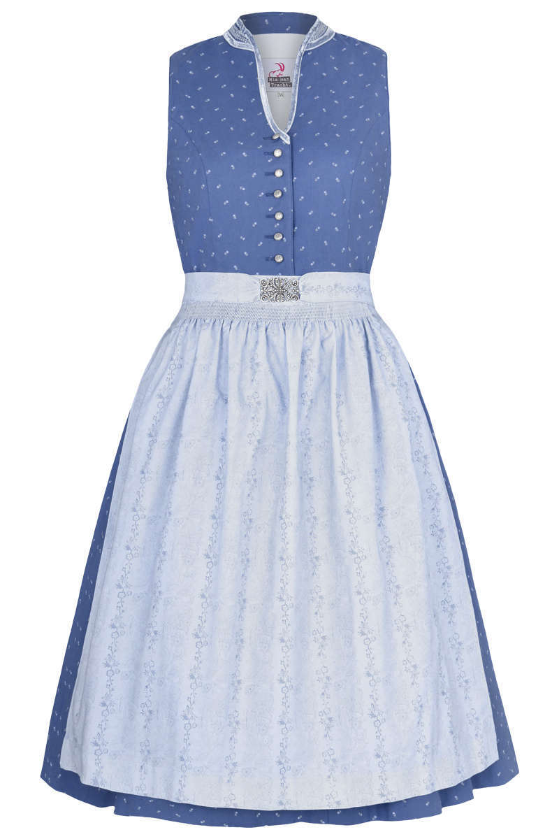 Dirndl hochgeschlossen mit Broschenschrze Salzburger Blau