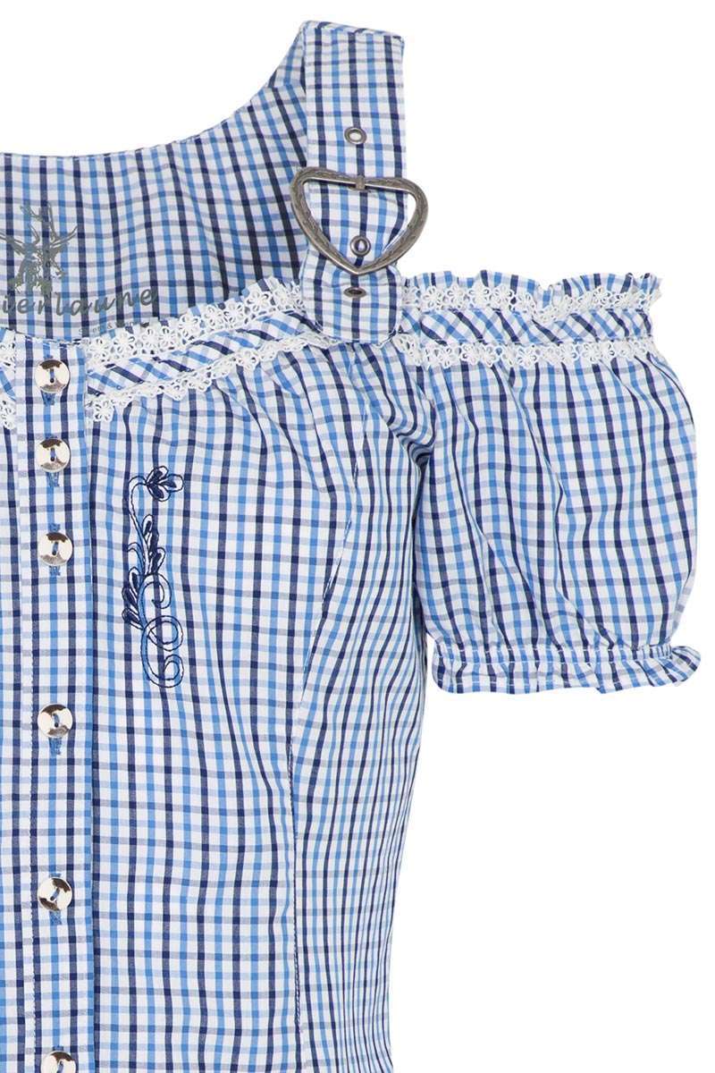 Carmen Trachtenbluse mit Stickerei kariert blau Bild 2