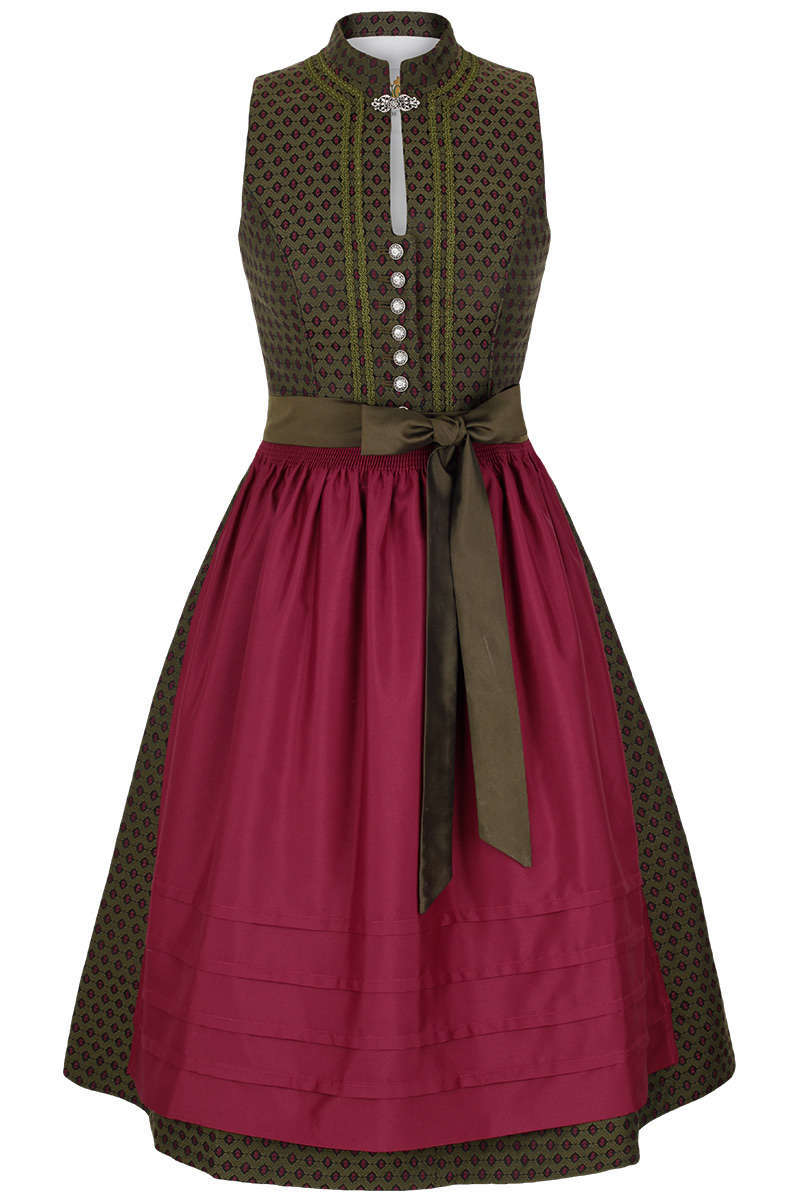 Dirndl hochgeschlossen mit Brosche oliv weinrot