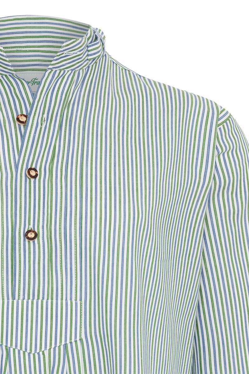 Trachten-Stehbund-Hemd mit Pfoad gestreift blau grün Bild 2