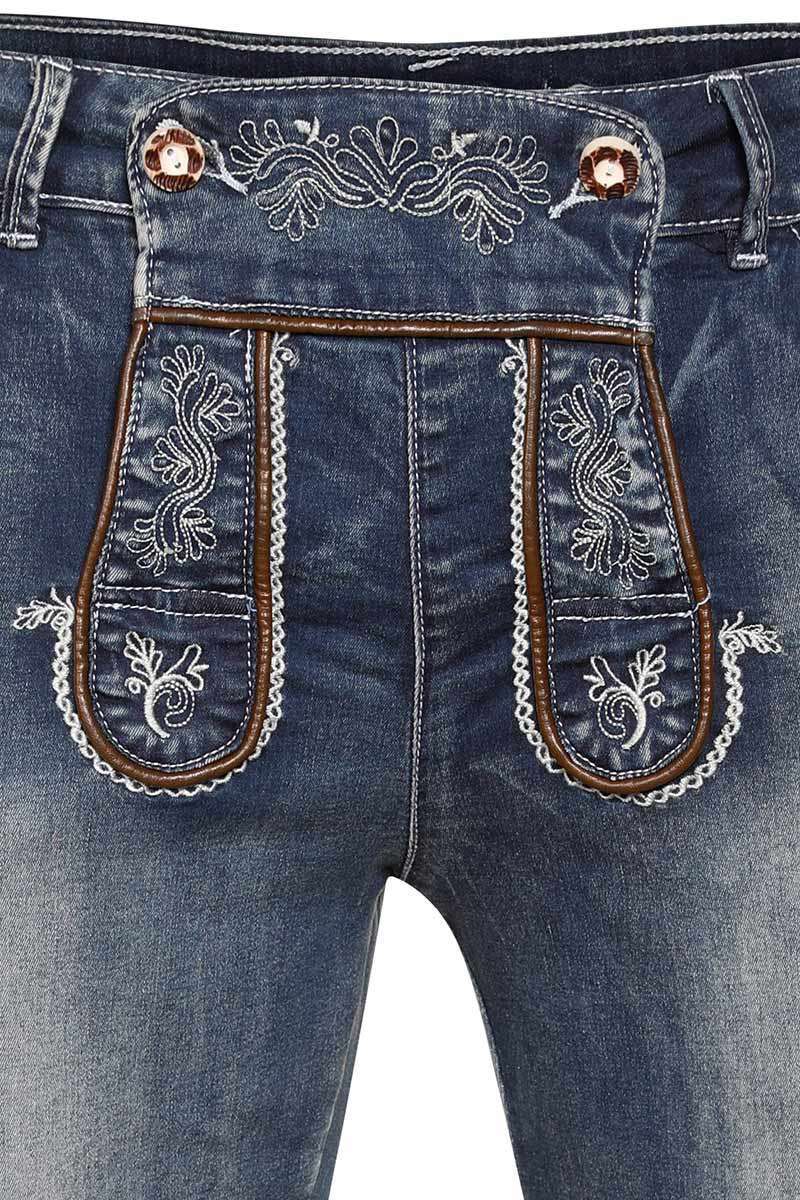 Herren Trachtenjeans Johann Kurze Jeans mit Lederhosenoptik in Blau und Grau Gr. 44-56