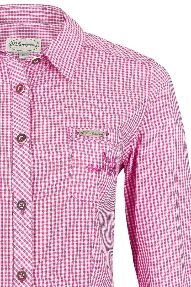 Damenbluse langarm mit Stickerei kariert pink Bild 2