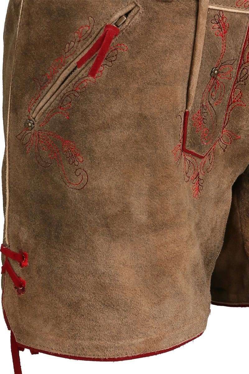Lederhose Shorts hellbraun mit roter Stickerei Bild 2