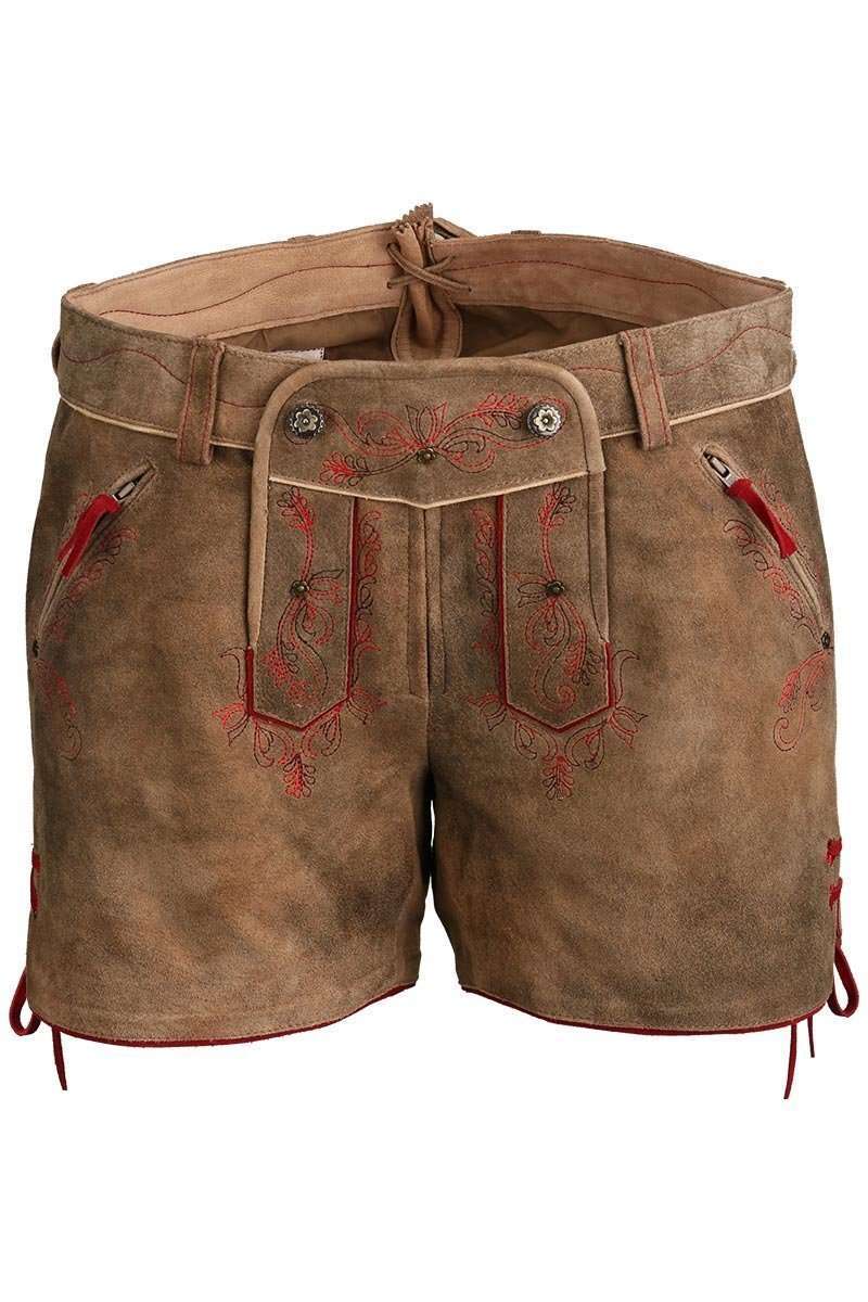 Lederhose Shorts hellbraun mit roter Stickerei Bild 2