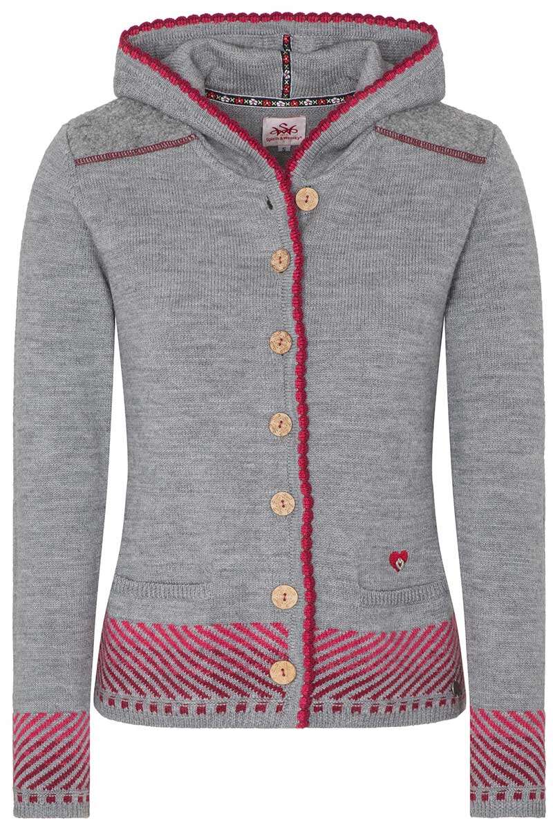 Damen Kapuzen-Strickjacke hellgrau rot