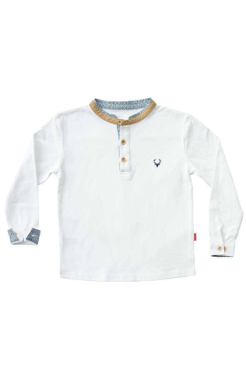 Kinder Trachten Longsleeve Stehkragen im Hemdenstil weiss-braun