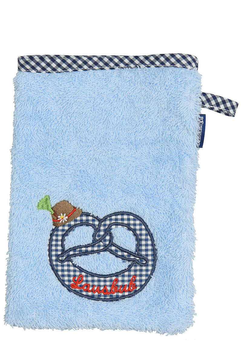 Baby Waschhandschuh Brezel mit Tirolerhut hellblau