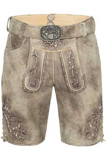 Kurze Lederhose mit Grtel morchel/ hellbeige mit schwarzer Stickerei