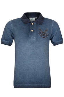 Jeansblau Cooles T-Shirt für Jungen mit Hirschstickerei zur Tracht Lederhose Isar-Trachten Kinder Poloshirt Kilian im Used Look