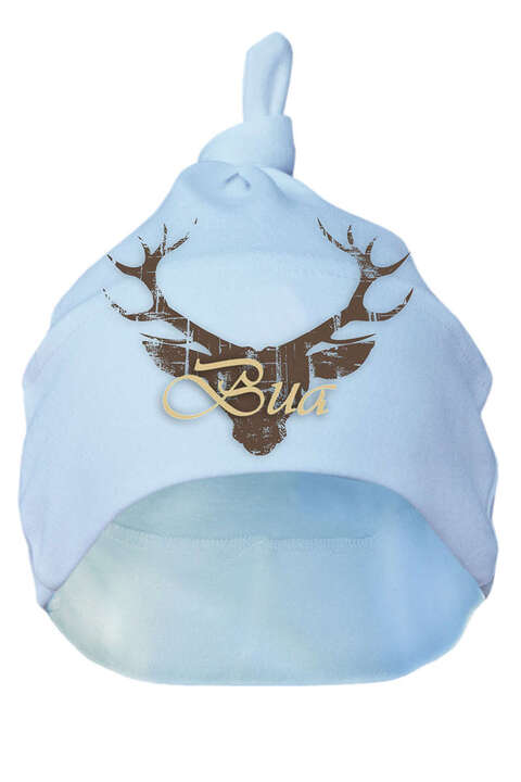 Knoten- Mütze mit Hirsch Bua hellblau