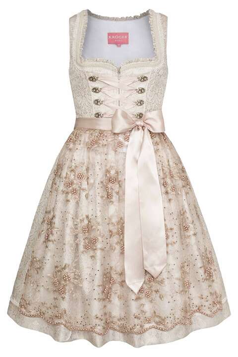 Mini-Dirndl mit transparenter Schrze und Perlen beige