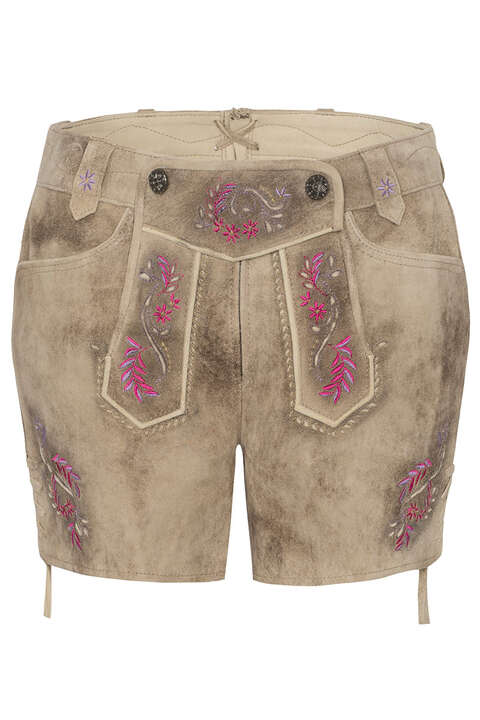 Damen Lederhose Short birkenbraun mit pinker Stickerei