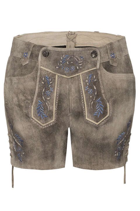 Damen Lederhose Short hellbraun mit hellblauer Stickerei