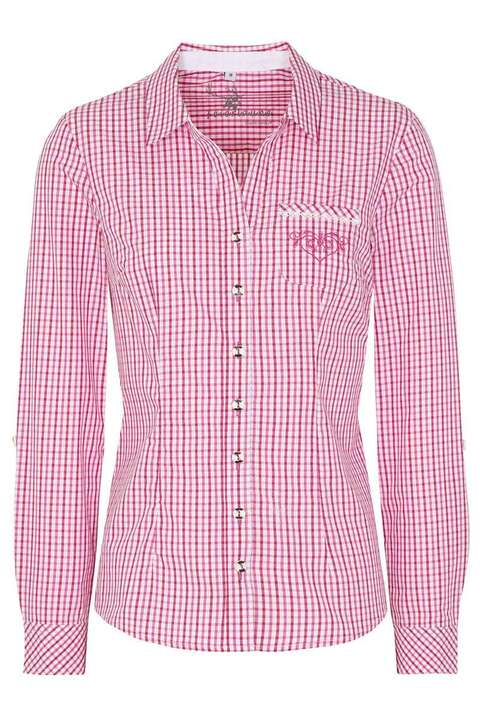 Trachtenbluse langarm mit Stickerei kariert fuchsia