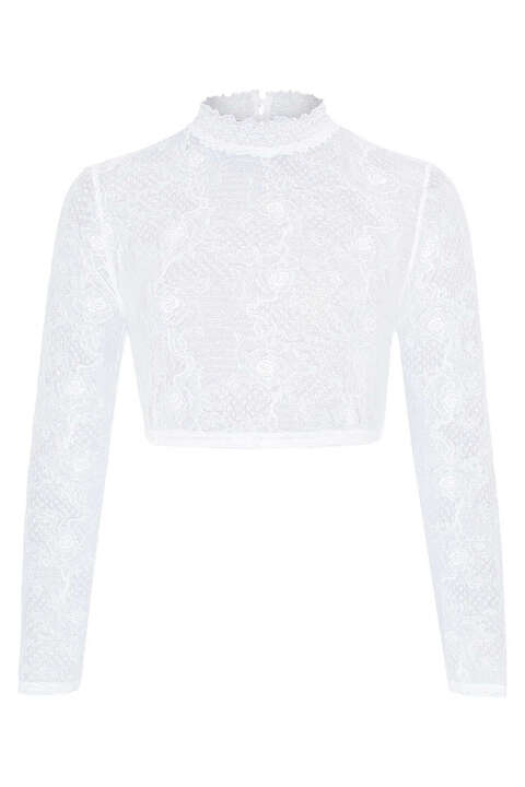Hochgeschlossene Dirndlbluse aus feiner Spitze langarm weiss