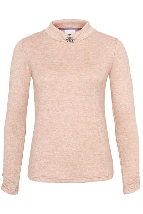 Damen Pullover mit Stehkragen und Brosche rosa