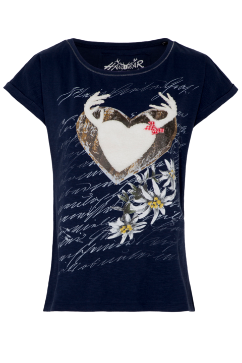 Damen Trachtenshirt mit flauschigem Herzaufnher dunkelblau