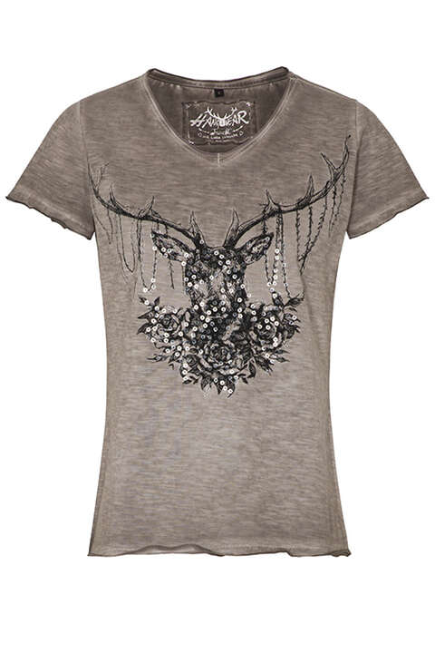 Damen T-Shirt Hirsch mit Pailletten greige