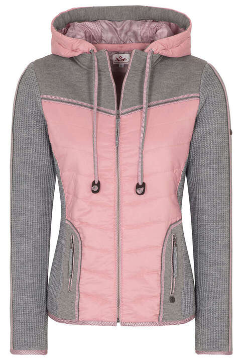 Damen Trachten Strick-Steppjacke mit Kapuze rosa grau