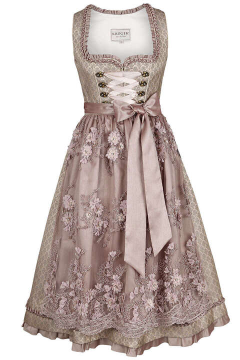 Midi Dirndl mit Perlen-Blumen-Stickerei-Schrze beige rose