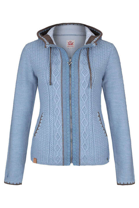 Trachtenstrickjacke Zopfmuster mit Kapuze blau