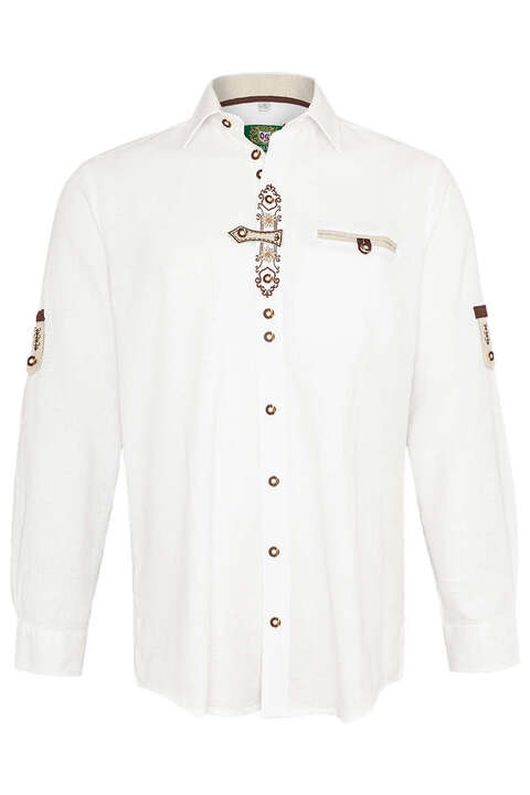 Herren Trachten-Krempelarm-Hemd mit Stickerei weiß